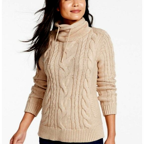 L.L. Bean Double-L Cream Fisherman Mixed Cable Knit Funnel Neck Sweater, Medium - Picture 2 of 9